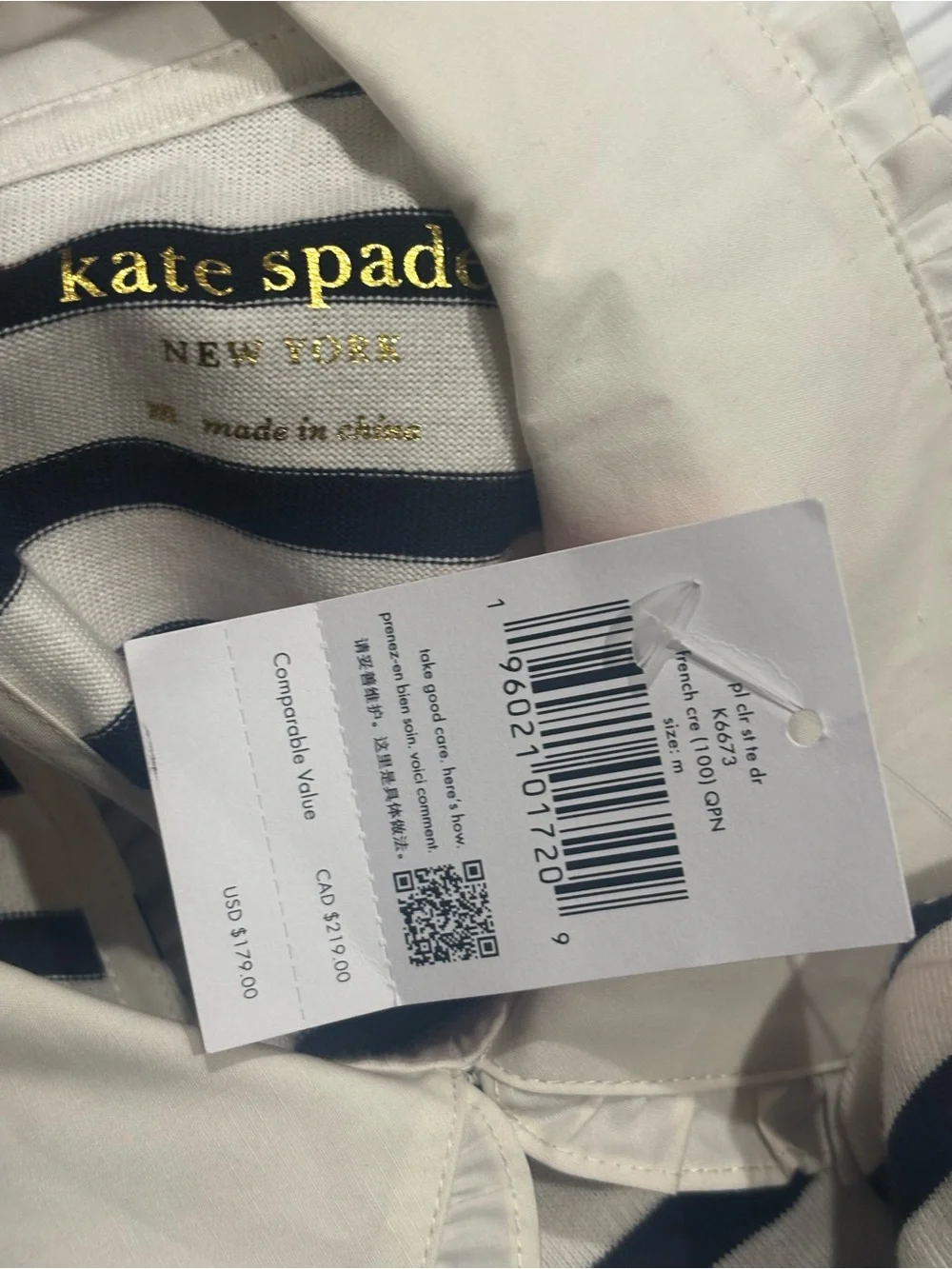 NWT Kate Spade New York Poplin Collar Striped Tee Dress French Cream Medium